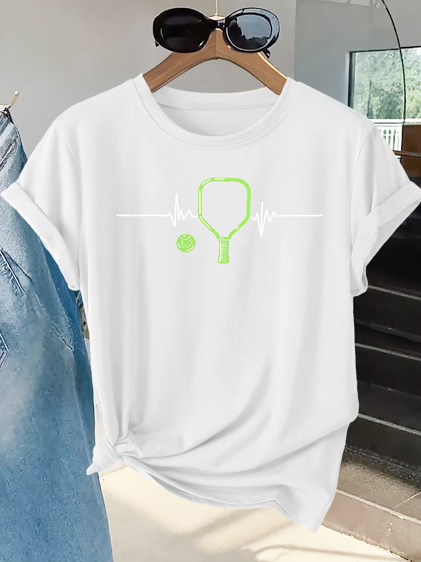 Summer Clothing Pictures - Dames T-shirt Racket Hartslag Persoonlijkheidsfoto Bedrukt