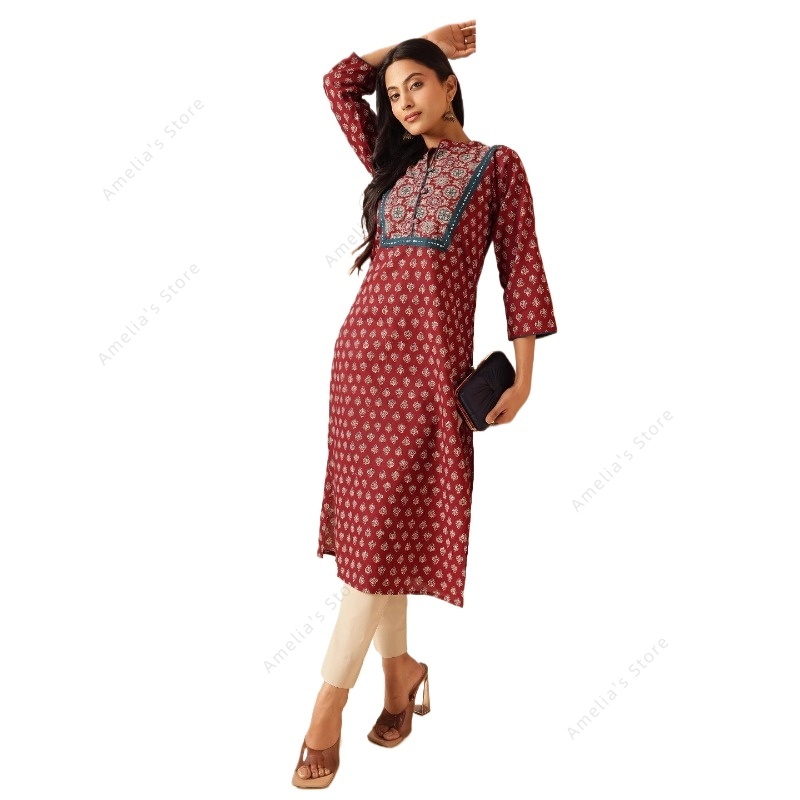 Summer Clothing India - Lente Zomer Dames Etnische Kastanjebruine Bloemenprint
