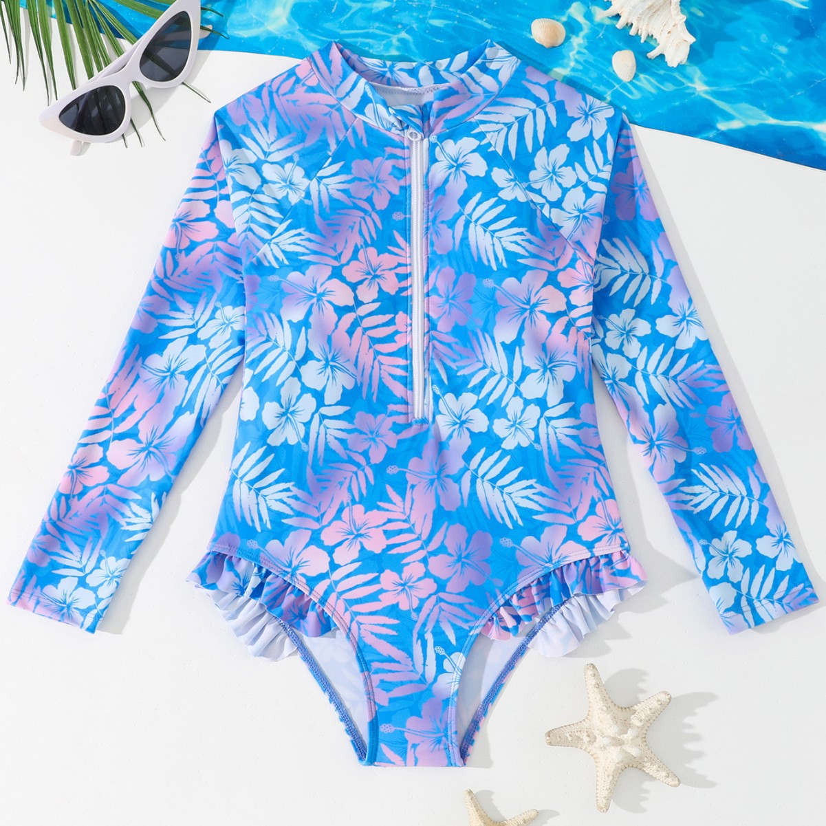 Rash Guard Long Sleeve - Meisjes badpak met gradiënt hibiscus print,