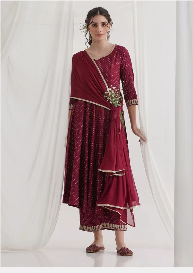 Summer Clothing India - Dames Maroon Etnische Kurta Set Polka
