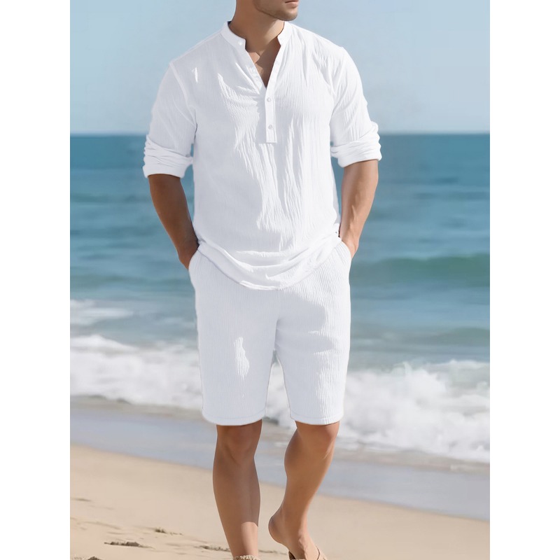 Linen Shorts Men - Heren wit linnenmix tweedelig set Henley