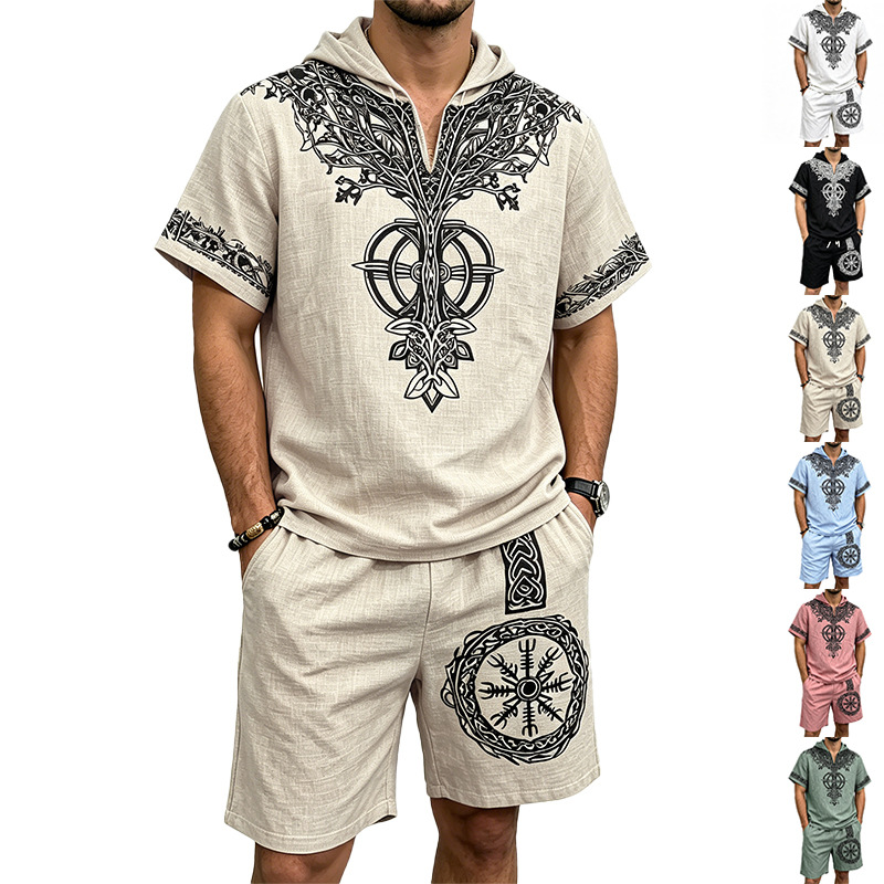 Linen Shorts Men - Heren linnenlook Viking boomprint halfrits hooded